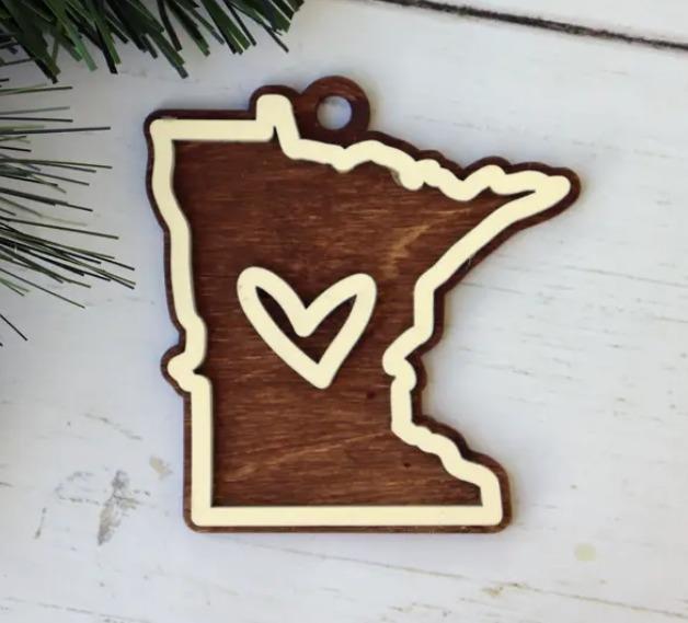Minnesota Layered Heart Wood Ornament