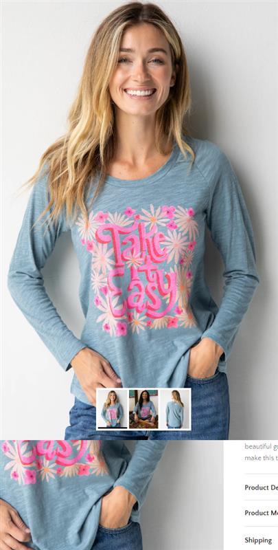 Take It Easy Long Sleeve Boho Tee Shirt L