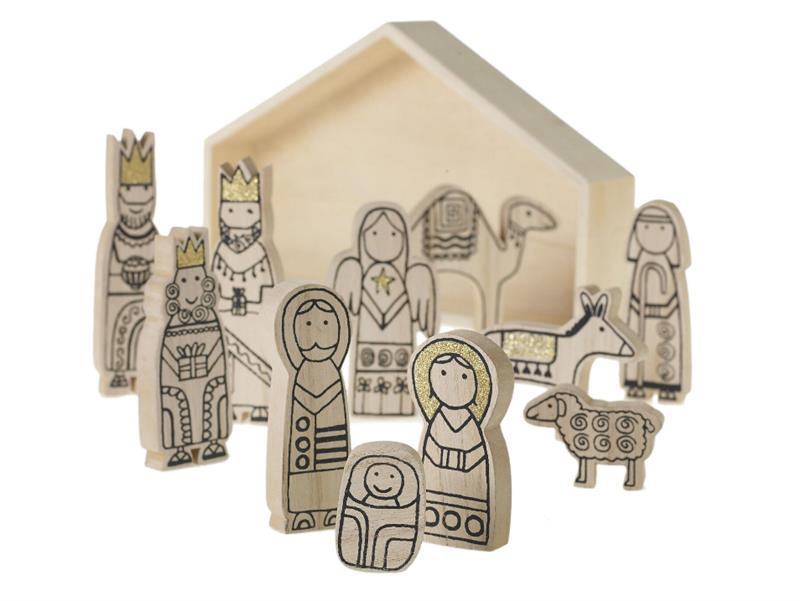 Wood & Gold Glitter Nativity Scene