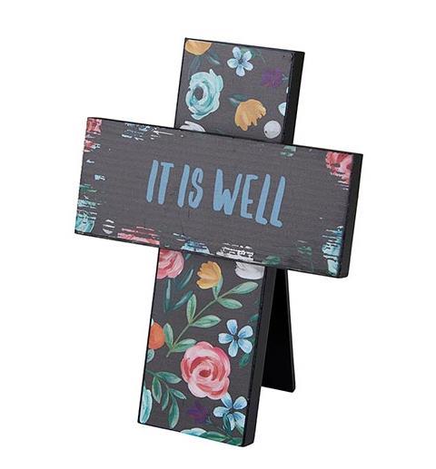 It Is Well Table Top Easel Cross