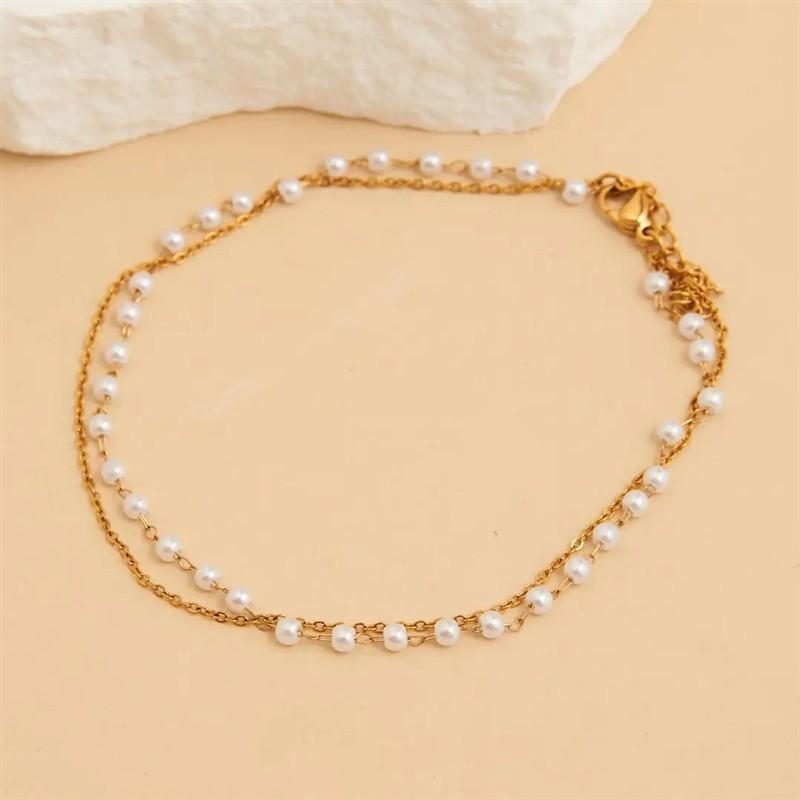 Gold Double Row Pearl & Chain Anklet