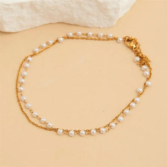 Gold Double Row Pearl & Chain Anklet