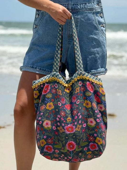 Cotton Gauze Reversible Tote Bag - Blue Floral