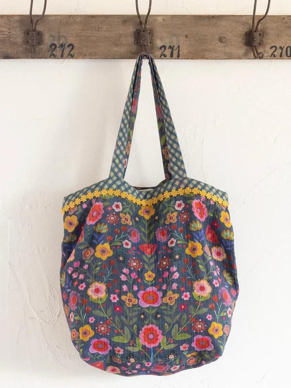 Cotton Gauze Reversible Tote Bag - Blue Floral
