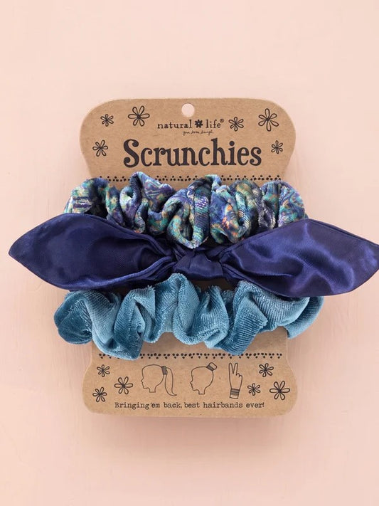 Mixed Print Bow Scrunchies, Set of 3 - Blue