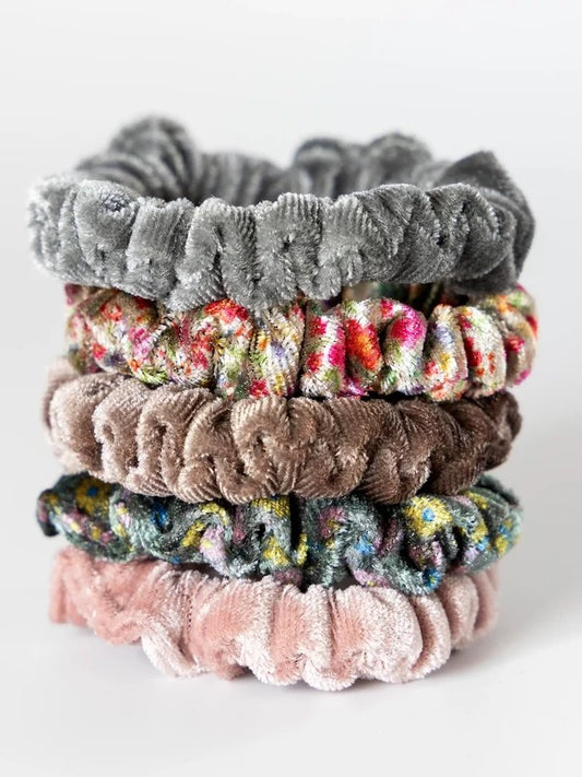 Velvet Scrunchies, Set of 5 - Light Grey
