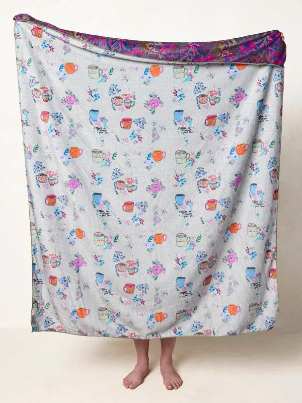 Coffee Cups Double-Sided Cozy Throw Blanket - Border Folk Garden