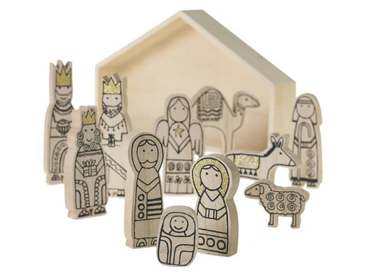 Wood & Gold Glitter Nativity Scene