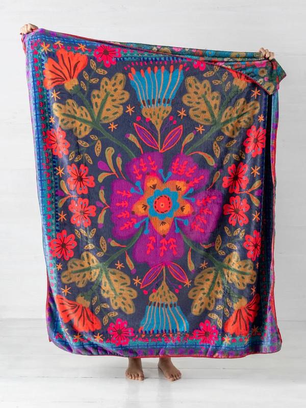 Pink Folk Flower Double-Sided Cozy Throw Blanket